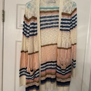 Open Front Striped Cardigan in Cream, Blue, and Pink